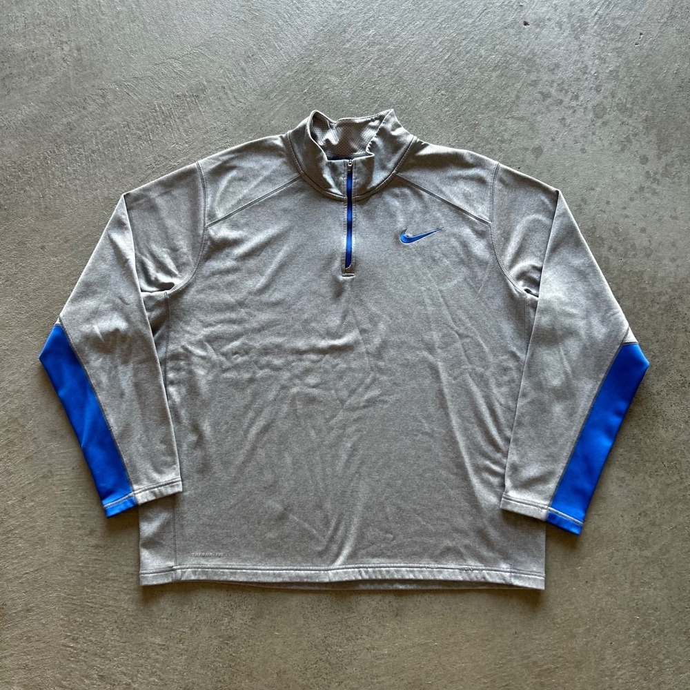 Nike Therma Fit 1/4‎ Zip Pullover Mens XXL Gray Blue Fleece Jacket Golf Layer